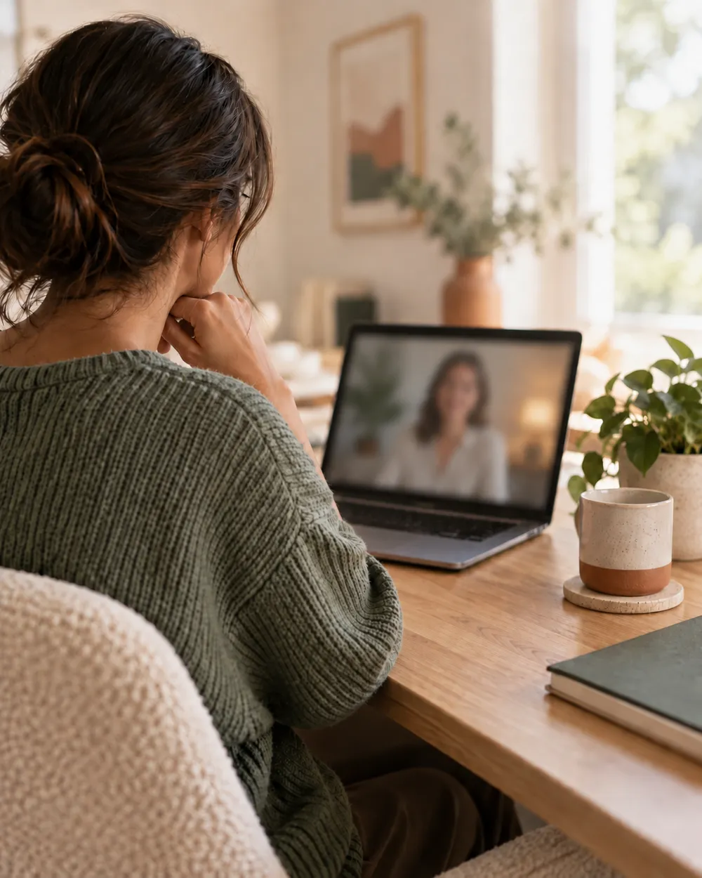 Mulher de costas diante de um notebook, em videochamada com uma psicóloga, em um ambiente claro e acolhedor